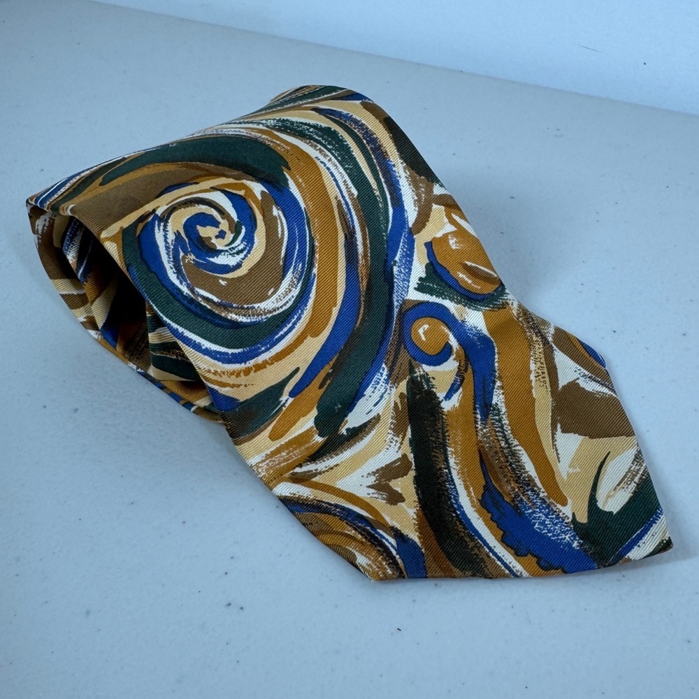Lavatelli Silk Abstract Patterned Men's Tie Swirl Brown Blue Vintage Designer - Picture 2 of 15